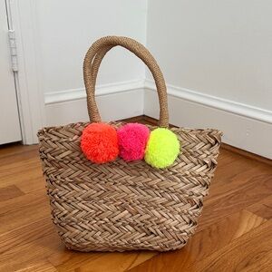 Woven Tote with Colorful Pom Poms